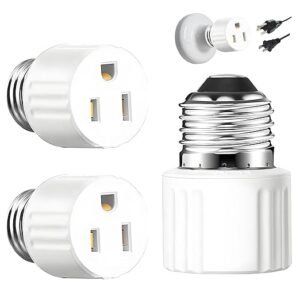 2-Pack Light Socket to Plug Adapter, E26 Light Socket Splitter,Convert Light Bulb Socket to Electrical Outlet,Polarized 2/3 Prong Outlet Converter for Garage & Porch,White
