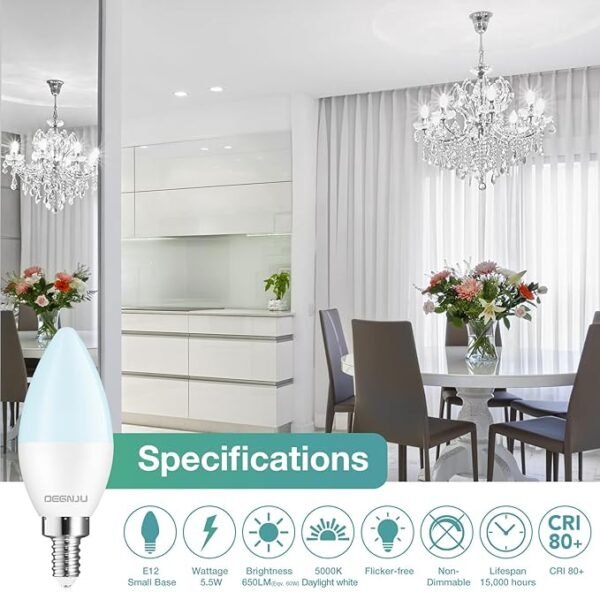 20 Pack Chandelier Light Bulbs 60 Watt Equivalent, Candelabra LED Light Bulbs, E12 LED Bulb Daylight 5000K, Type b Light Bulb 5.5W, Candelabra Base, 120V, B11 Candle Light Bulb, Non-Dimmable - Image 2