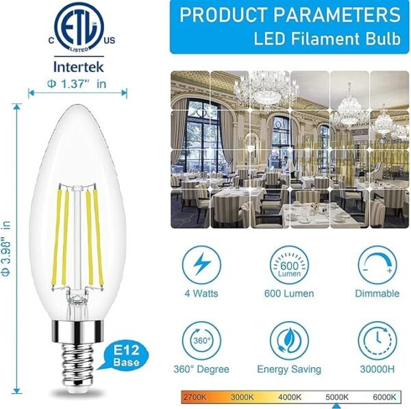 Honesorn Candelabra LED Bulb, E12 Small Light Bulbs 5000K Daylight Dimmable - 60W Equivalent Ceiling Fan Bulbs Type B Edison Filament Candle Bulbs, C35 B11 Clear Glass Chandelier Bulbs 600LM,Pack of 6 - Image 2
