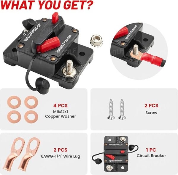 RED WOLF Car Circuit Breaker 30A AMP w/Manual Reset Switch Inline Fuse Holder Inverter 12V-48V DC for Motor Trolling Vehicles Audio Radio Solar System Protection with Wire Lugs Copper Washer Screws - Image 6