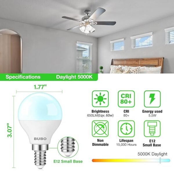 BUBO Ceiling Fan Light Bulbs 60 Watt Equivalent, E12 LED Bulb Daylight 5000K, Fan Light Bulb, Small Base LED Light Bulbs 120V, Candelabra Base, 5.5W, Non-Dimmable, 10 Pack - Image 2