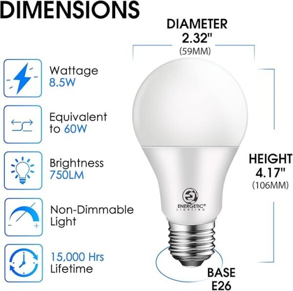 Energetic Lighting 24-Pack A19 LED Light Bulbs 60 Watt Equivalent, Cool White 4000K, E26 Medium Base, Non-Dimmable LED Light Bulb, UL Listed - Image 2