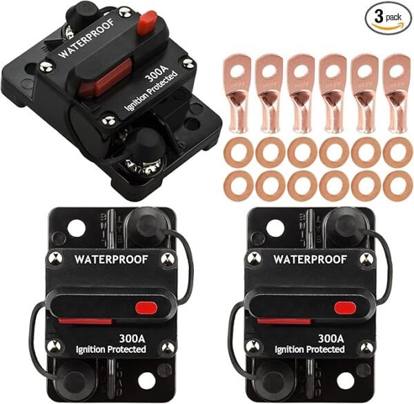 3 Pack 300A Circuit Breaker with Manual Reset Fuse Holder for Car Audio Marine Boat Stereo Switch, with Wire Lugs Copper Washer