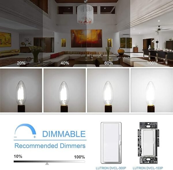 Honesorn Candelabra LED Bulb, E12 Small Light Bulbs 5000K Daylight Dimmable - 60W Equivalent Ceiling Fan Bulbs Type B Edison Filament Candle Bulbs, C35 B11 Clear Glass Chandelier Bulbs 600LM,Pack of 6 - Image 3