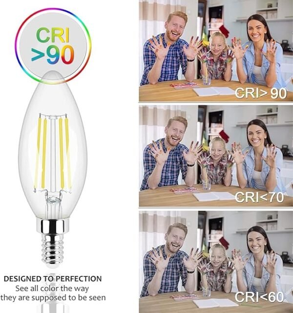 Honesorn Candelabra LED Bulb, E12 Small Light Bulbs 5000K Daylight Dimmable - 60W Equivalent Ceiling Fan Bulbs Type B Edison Filament Candle Bulbs, C35 B11 Clear Glass Chandelier Bulbs 600LM,Pack of 6 - Image 5