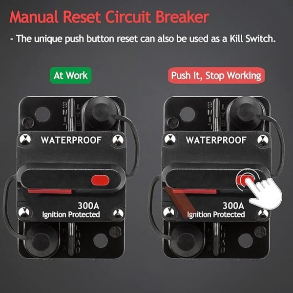 3 Pack 300A Circuit Breaker with Manual Reset Fuse Holder for Car Audio Marine Boat Stereo Switch, with Wire Lugs Copper Washer - Image 3
