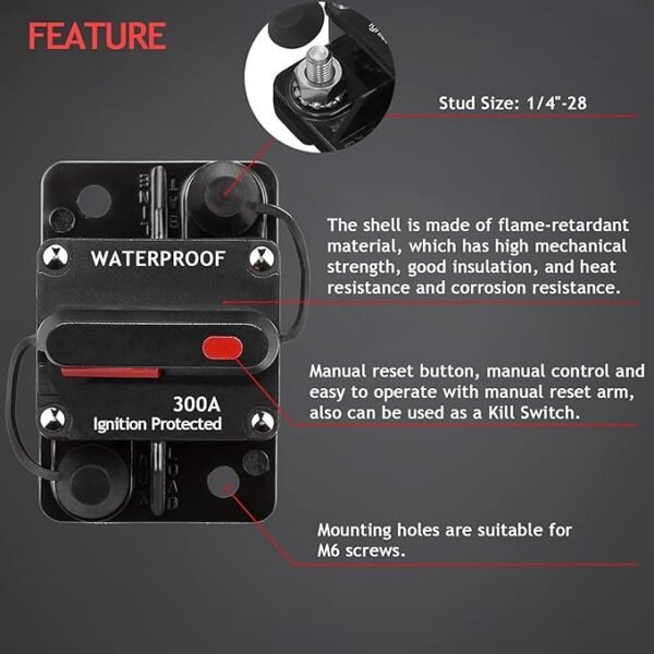 3 Pack 300A Circuit Breaker with Manual Reset Fuse Holder for Car Audio Marine Boat Stereo Switch, with Wire Lugs Copper Washer - Image 4