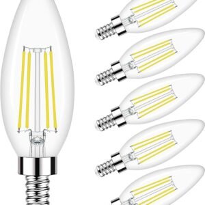 Honesorn Candelabra LED Bulb, E12 Small Light Bulbs 5000K Daylight Dimmable - 60W Equivalent Ceiling Fan Bulbs Type B Edison Filament Candle Bulbs, C35 B11 Clear Glass Chandelier Bulbs 600LM,Pack of 6