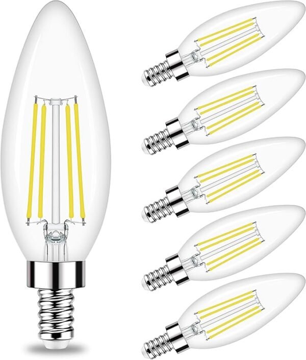 Honesorn Candelabra LED Bulb, E12 Small Light Bulbs 5000K Daylight Dimmable - 60W Equivalent Ceiling Fan Bulbs Type B Edison Filament Candle Bulbs, C35 B11 Clear Glass Chandelier Bulbs 600LM,Pack of 6