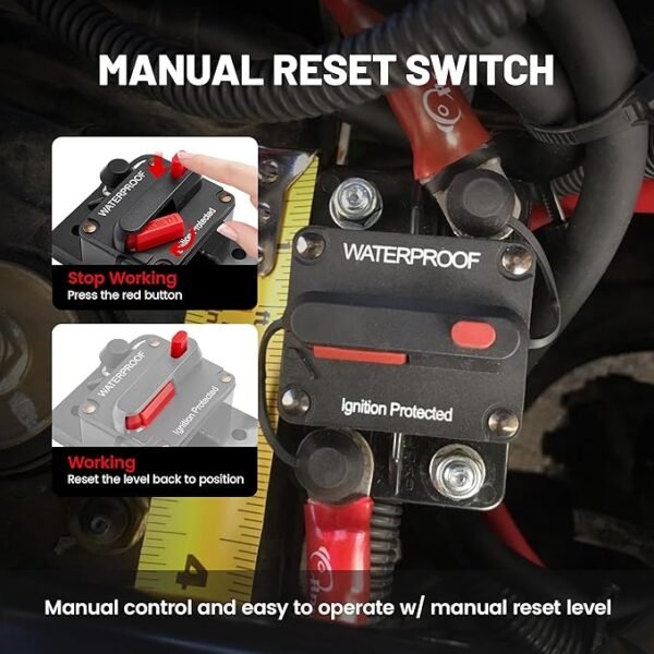 RED WOLF Car Circuit Breaker 30A AMP w/Manual Reset Switch Inline Fuse Holder Inverter 12V-48V DC for Motor Trolling Vehicles Audio Radio Solar System Protection with Wire Lugs Copper Washer Screws - Image 4