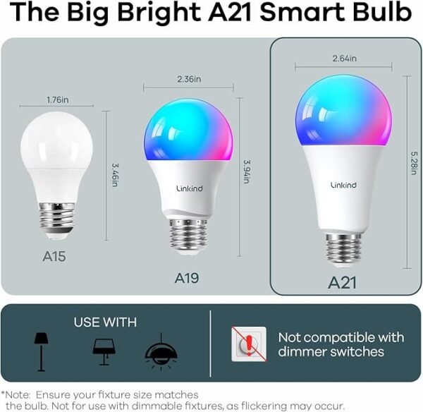Linkind Smart Light Bulbs, 1600LM (100W Equivalent) Smart Bulb, Work with Alexa & Google Home, RGBTW Color Changing Bulb Music Sync, 2.4GHz Wi-Fi & Bluetooth, LED Alexa Light Bulbs 14W, A21 E26, 4Pack - Image 2
