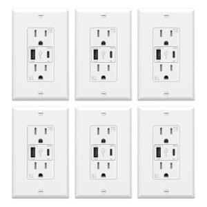 ThunderWay USB Outlet, 15 Amp Wall Outlet with USB Ports, 21W Charging USB C Electric Outlets Receptacles with Type A & Type C Ports, Tamper Resistant, Wall Plate Included, ETL Listed, White, 6 Pack