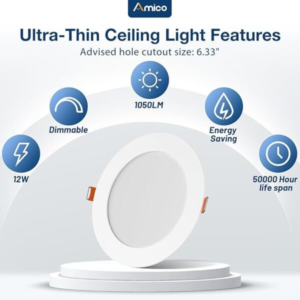 Amico 48 Pack 6 Inch 5CCT Ultra-Thin LED Recessed Ceiling Light with Metal Junction Box, 2700K-5000K Selectable, 12W Eqv 110W, Dimmable Canless Wafer Downlight with Plastic Trim, 1050 Lumens -ETL&FCC - Image 3