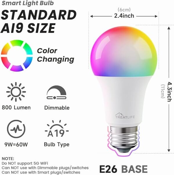 Treatlife Smart Light Bulb, Dimmable Multicolor and White LED Bulb, Compatible with Alexa, Google Assistant, A19 E26 8W (60W Equivalent), No Hub Required, 2 Pack - Image 2