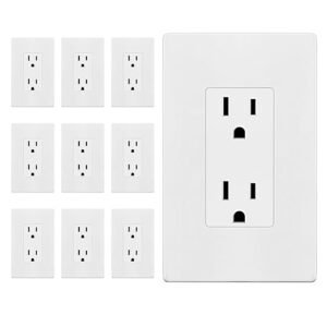 ENERLITES White Decorator Receptacle with Screwless Wall Plate, Standard Electrical Wall Outlet, 15A 125V, Self-Grounding, 2-Pole, 3-Wire, 5-15R, UL Listed, 61502-WSID, 10 Pack, Non Tamper Resistant