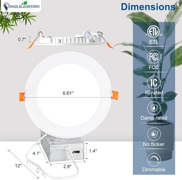 DLLT LED Recessed Ceiling Light: 24 Pack 6 Inch Slim Recessed Lighting for Kitchen - 5CCT Dimmable Canless Wafer Downlight for Living Room - 725LM Brightness 12W 120V Can Lights for Bedroom ETL FCC - Image 4