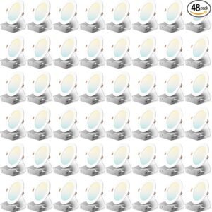 Amico 48 Pack 6 Inch 5CCT Ultra-Thin LED Recessed Ceiling Light with Metal Junction Box, 2700K-5000K Selectable, 12W Eqv 110W, Dimmable Canless Wafer Downlight with Plastic Trim, 1050 Lumens -ETL&FCC