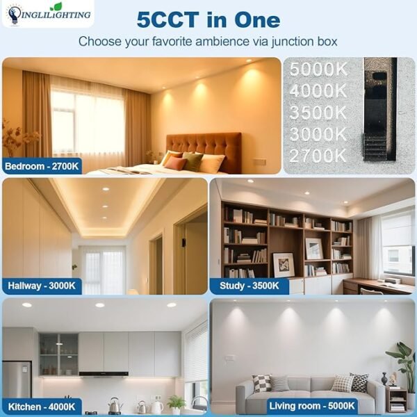 DLLT LED Recessed Ceiling Light: 24 Pack 6 Inch Slim Recessed Lighting for Kitchen - 5CCT Dimmable Canless Wafer Downlight for Living Room - 725LM Brightness 12W 120V Can Lights for Bedroom ETL FCC - Image 5