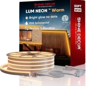 Shine Decor 50FT LED Neon Rope Lights, Bright 2500K Warm White AC110V-120V Neon Strip Light, 8x16mm Cuttable Waterproof SMD2835 120LED/M Indoor Outdoor Light Strips, DIY Ambiance Lighting Decoration