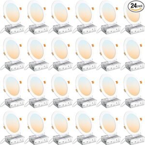DLLT LED Recessed Ceiling Light: 24 Pack 6 Inch Slim Recessed Lighting for Kitchen - 5CCT Dimmable Canless Wafer Downlight for Living Room - 725LM Brightness 12W 120V Can Lights for Bedroom ETL FCC