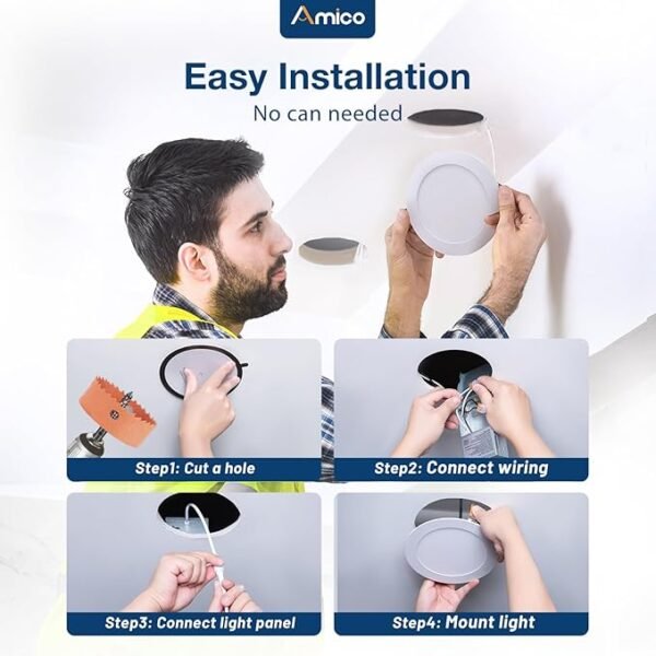 Amico 48 Pack 6 Inch 5CCT Ultra-Thin LED Recessed Ceiling Light with Metal Junction Box, 2700K-5000K Selectable, 12W Eqv 110W, Dimmable Canless Wafer Downlight with Plastic Trim, 1050 Lumens -ETL&FCC - Image 4