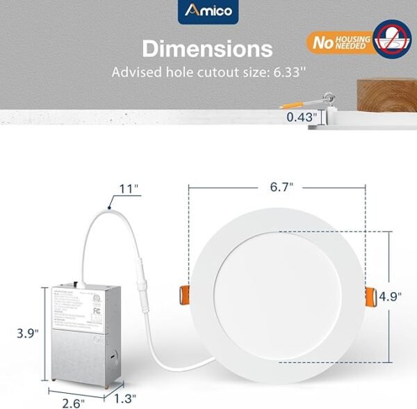 Amico 48 Pack 6 Inch 5CCT Ultra-Thin LED Recessed Ceiling Light with Metal Junction Box, 2700K-5000K Selectable, 12W Eqv 110W, Dimmable Canless Wafer Downlight with Plastic Trim, 1050 Lumens -ETL&FCC - Image 5