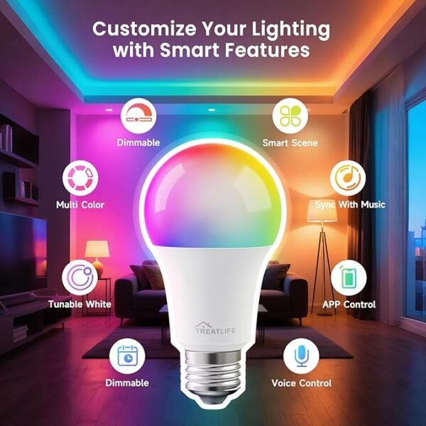 Treatlife Smart Light Bulb, Dimmable Multicolor and White LED Bulb, Compatible with Alexa, Google Assistant, A19 E26 8W (60W Equivalent), No Hub Required, 2 Pack - Image 3